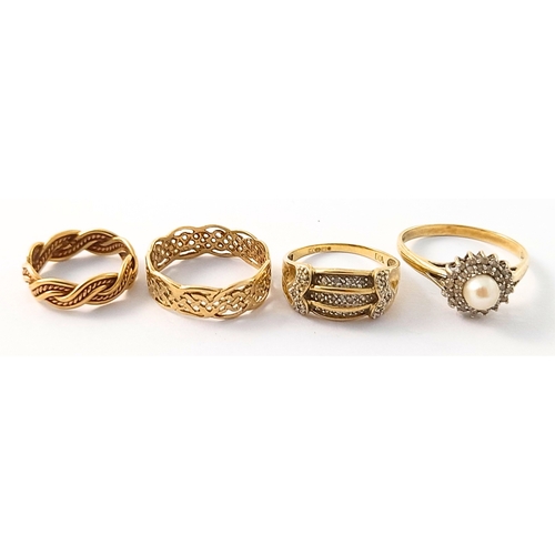 266 - Four 9ct gold rings, to include two band rings, a diamond set ring and a pearl and diamond set ring,... 