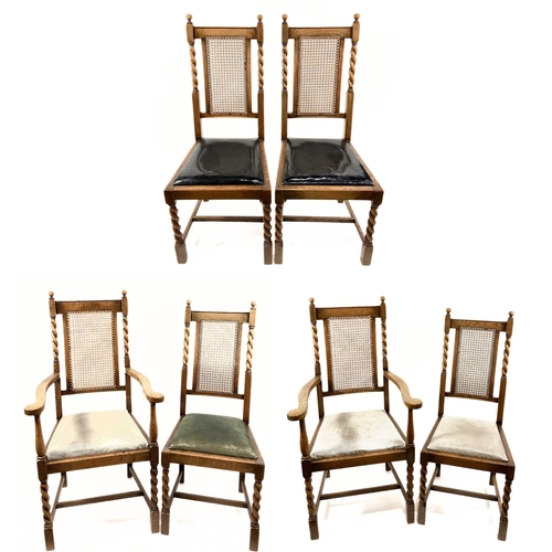 373 - A set of six oak dining chairs, barley twist, rattan backed, leather drop in seats. 4 side chairs me... 