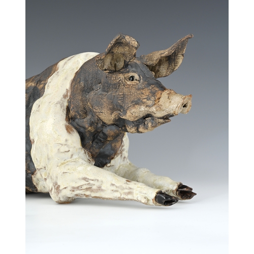 92 - Elaine Peto (British, b.1963), a studio pottery stoneware sculpture of a saddleback pig sow, impress... 