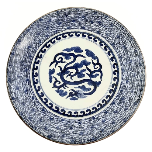 145 - A Japanese blue and white charger, 19th century, the centre decorated in underglaze blue with a styl... 