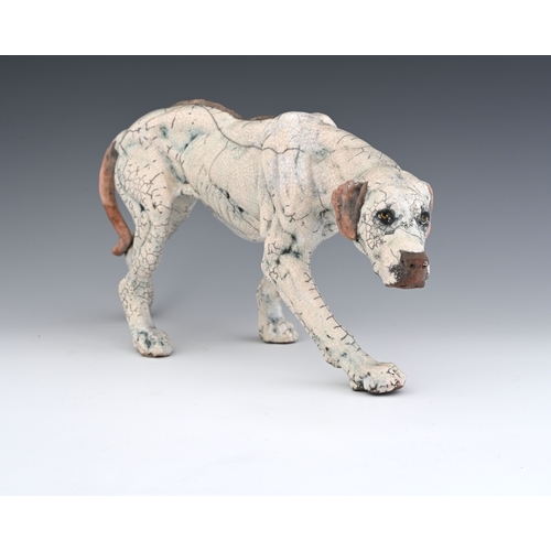 95 - Keza Rudge (British, 20th century), model of a hound, slip cast raku, signed to the underside, width... 