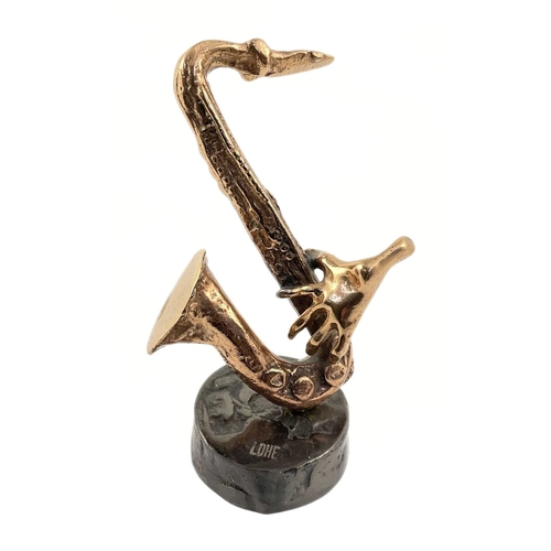 226 - Yves Lohé (French, 1947-present), a bronze cast of a saxophone, approx 18cm high, 11cm wide (1)