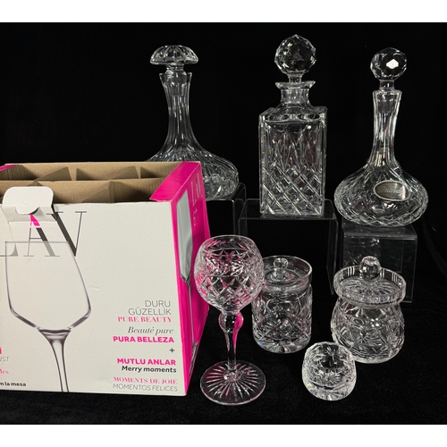 25 - A collection of glass including wine goblets, tumblers, sherry glasses, decanters etc., also a silve... 