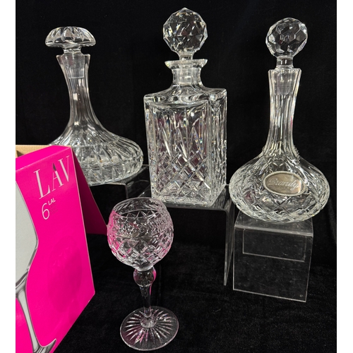 25 - A collection of glass including wine goblets, tumblers, sherry glasses, decanters etc., also a silve... 