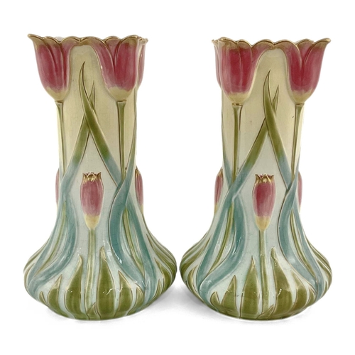 113 - Sarreguemines, a pair of Art Nouveau earthenware vases, circa 1890, the swolen base with cylindrical... 