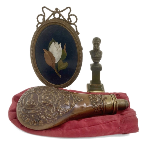 238 - A bronze desk bust of Wellington, 13cm high, a pietra dura mounted oval photo frame, and a Hawksley ... 