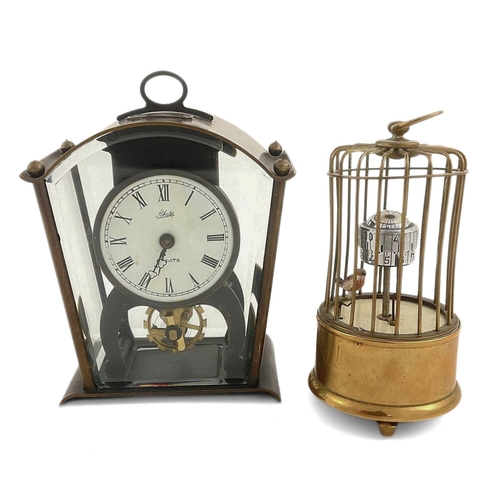 248 - A Novelty Birdcage clock, brass, 12cm high, together with an eight-day, glass-sided timepiece by Sch... 