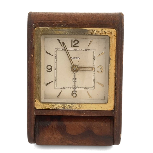 250 - Jaeger-LeCoultre Travel Alarm Clock, in leather case, 9.5 by 6cm