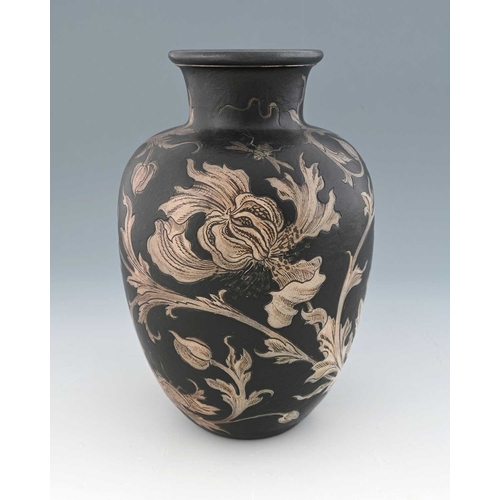 13 - Robert Wallace Martin for Martin Brothers, a stoneware foliate and insect vase, 1897, shouldered ovo... 