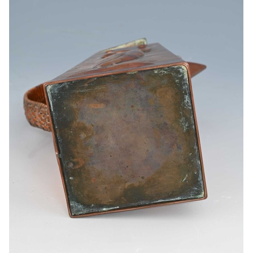 15 - Newlyn, an Arts and Crafts Cornish copper jug, tapered square section, planished and repousse decora... 