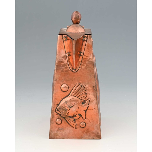 15 - Newlyn, an Arts and Crafts Cornish copper jug, tapered square section, planished and repousse decora... 