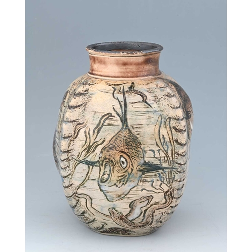 23 - The Martin Brothers, a relief moulded stoneware Aquatic vase, 1890, square section ovoid shouldered ... 