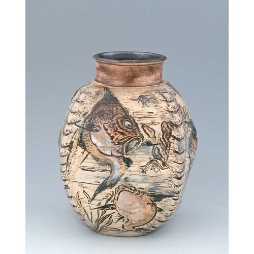 23 - The Martin Brothers, a relief moulded stoneware Aquatic vase, 1890, square section ovoid shouldered ... 