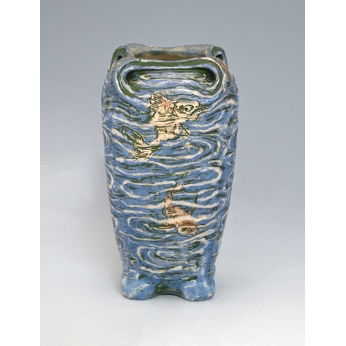 24 - Robert Wallace Martin for Martin Brothers, an Aquatic stoneware vase, 1901 four handled square secti... 