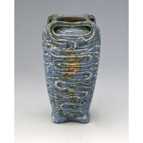 24 - Robert Wallace Martin for Martin Brothers, an Aquatic stoneware vase, 1901 four handled square secti... 