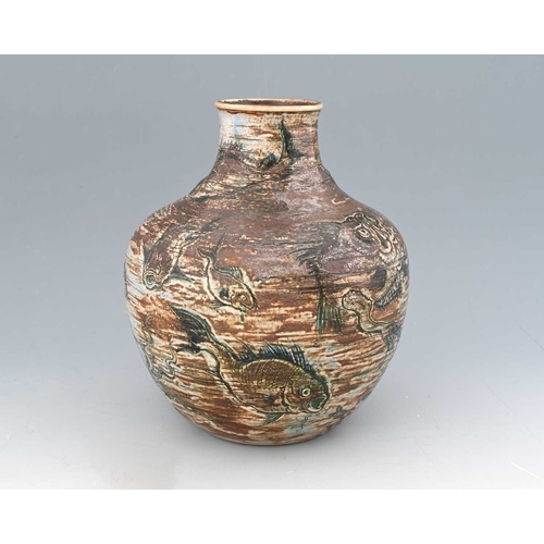 26 - Robert Wallace Martin for Martin Brothers, a relief moulded Aquatic stoneware vase, 1891, shouldered... 