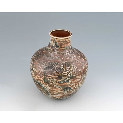 26 - Robert Wallace Martin for Martin Brothers, a relief moulded Aquatic stoneware vase, 1891, shouldered... 