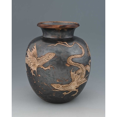 31 - Robert Wallace Martin for Martin Brothers, a stoneware lizard vase, 1898, ovoid form with everted ri... 