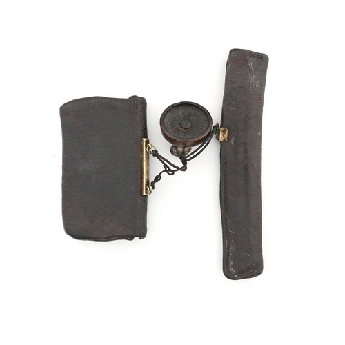 35 - A Japanese leather and bamboo sagemono (smoking set), Edo or Meiji, including a kiseruzutsu containi... 