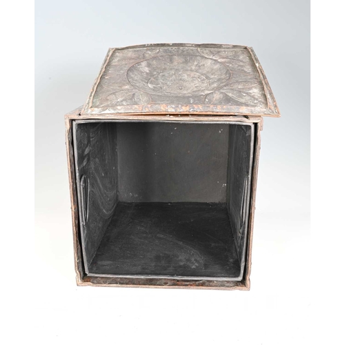 45 - John Pearson, an Arts and Crafts copper coal box, 1901, cuboid form, the steel frame set with repous... 