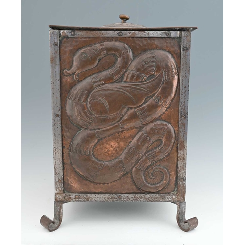 45 - John Pearson, an Arts and Crafts copper coal box, 1901, cuboid form, the steel frame set with repous... 