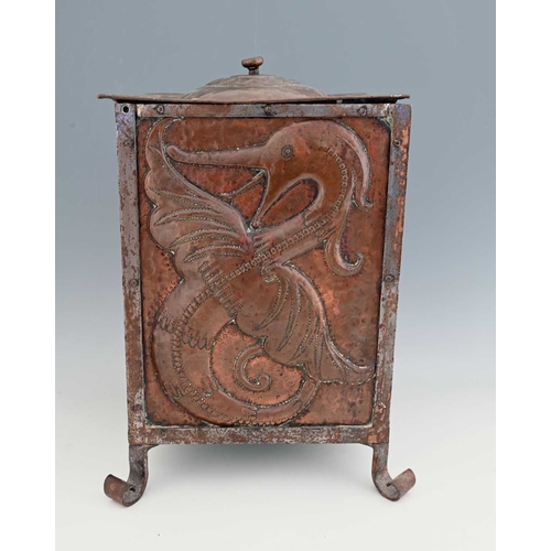 45 - John Pearson, an Arts and Crafts copper coal box, 1901, cuboid form, the steel frame set with repous... 