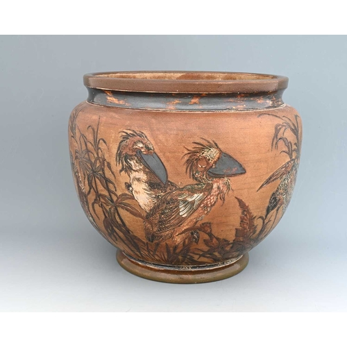 46 - Robert Wallace Martin for Martin Brothers, a large stoneware Wally Bird jardiniere, 1893, shouldered... 