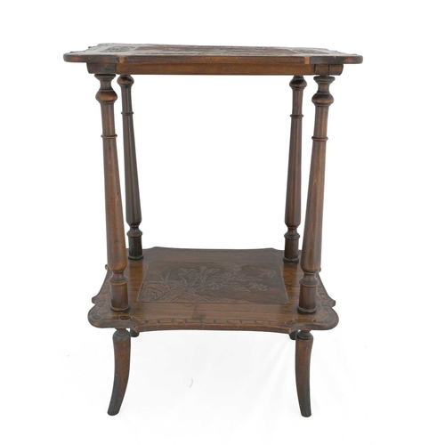 7 - An Anglo Japonesque occasional table, the ogee bordered top carved in low relief with a Japanese sti... 