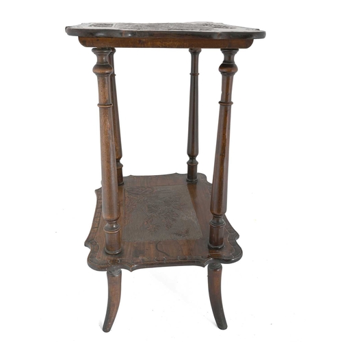 7 - An Anglo Japonesque occasional table, the ogee bordered top carved in low relief with a Japanese sti... 