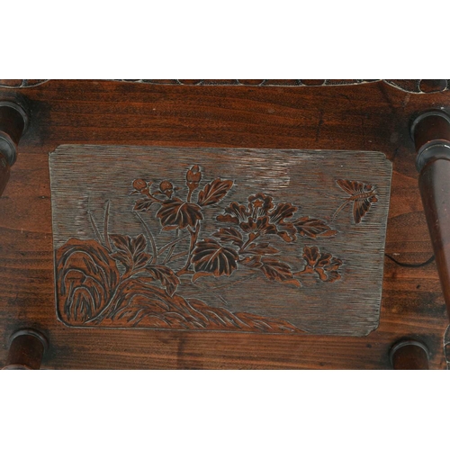 7 - An Anglo Japonesque occasional table, the ogee bordered top carved in low relief with a Japanese sti... 