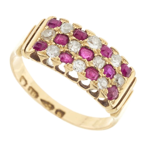 10 - A late Victorian 18ct gold ruby and old-cut diamond three-row ring, estimated total diamond weight 0... 