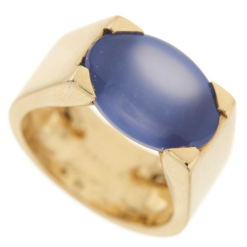 100 - Cartier, an 18ct gold blue chalcedony cabochon Tankissime single-stone ring, signed Cartier, serial ... 