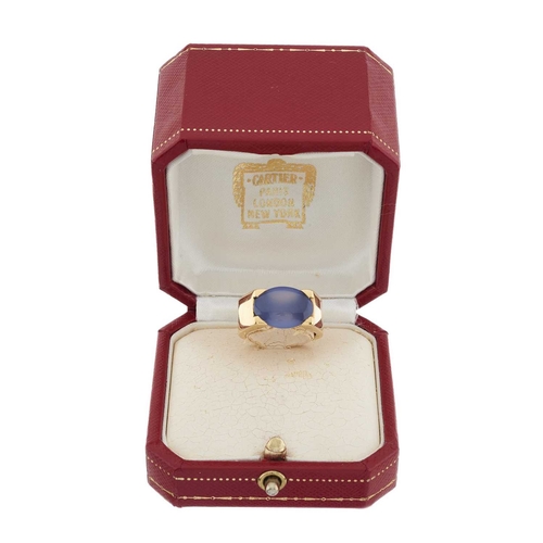 100 - Cartier, an 18ct gold blue chalcedony cabochon Tankissime single-stone ring, signed Cartier, serial ... 