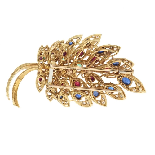 101 - Vacheron Constantin, a mid 20th century 18ct gold emerald, ruby and sapphire cabochon foliate brooch... 