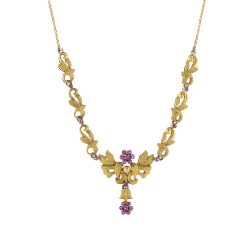 102 - Cropp & Farr, an 18ct gold ruby floral cluster necklace, maker's marks for Cropp & Farr, mount stamp... 