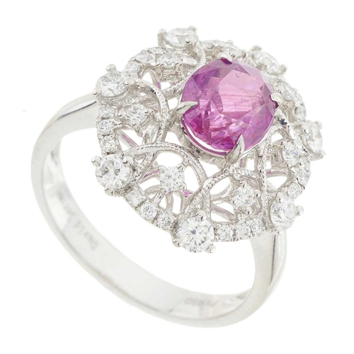 105 - A platinum pink sapphire and brilliant-cut diamond openwork dress ring, sapphire estimated weight 2c... 