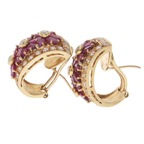 106 - A pair of 18ct gold calibre-cut ruby and brilliant-cut diamond floral half hoop earrings, estimated ... 