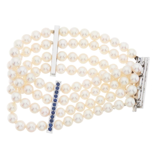 112 - Mikimoto, a cultured pearl four-row bracelet, with 14ct gold sapphire line clasp and spacers, maker'... 