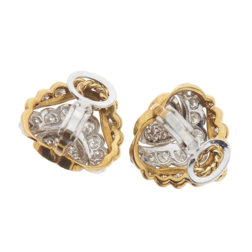 117 - A pair of 18ct bi-colour gold brilliant-cut diamond heart-shape clip earrings, estimated total diamo... 