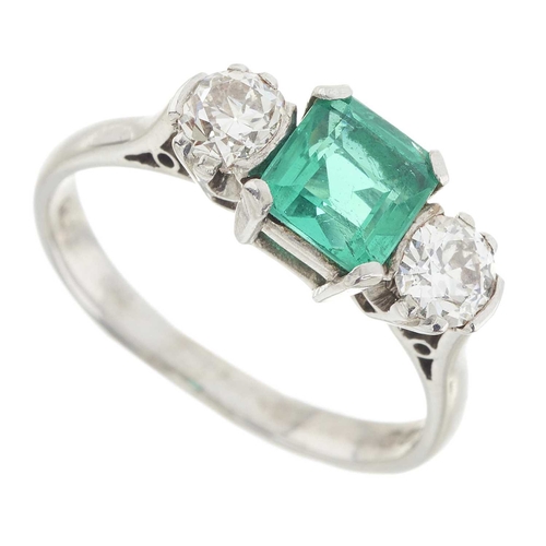 118 - An 18ct gold emerald and circular-cut diamond three-stone ring, emerald estimated weight 0.90ct, est... 