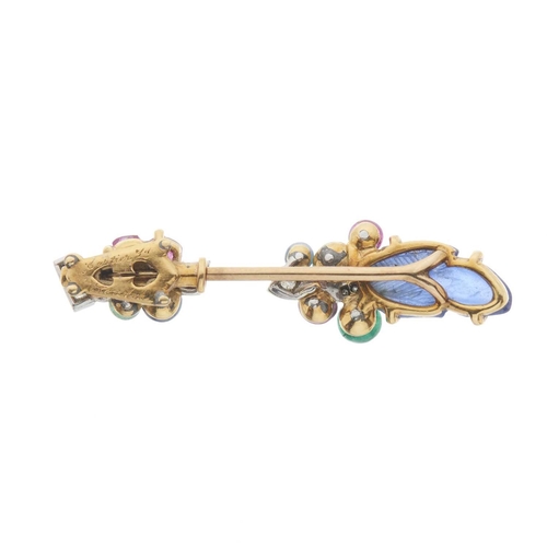 119 - Cartier, an extremely rare Art Deco gold and platinum, circular-cut diamond Tutti Frutti jabot pin, ... 