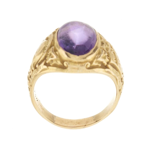 123 - Tiffany & Co., an Art Deco 14ct gold amethyst signet ring for Hunter College, engraved with motto Mi... 