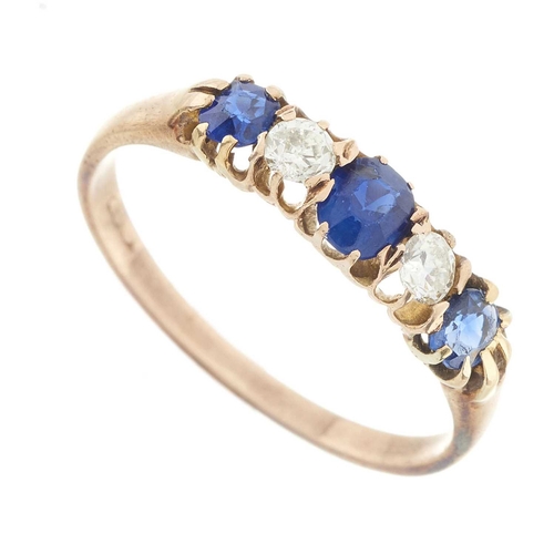 127 - An early 20th century 9ct gold alternating sapphire and circular-cut diamond five-stone ring, estima... 