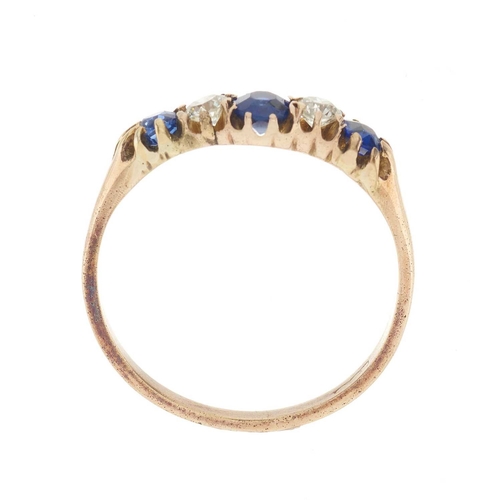 127 - An early 20th century 9ct gold alternating sapphire and circular-cut diamond five-stone ring, estima... 