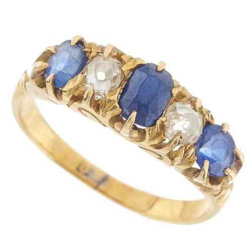 14 - A late Victorian 18ct gold sapphire and old-cut diamond five-stone ring, estimated total diamond wei... 