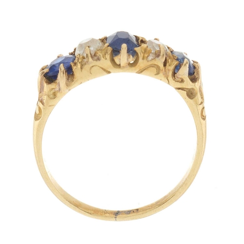 14 - A late Victorian 18ct gold sapphire and old-cut diamond five-stone ring, estimated total diamond wei... 