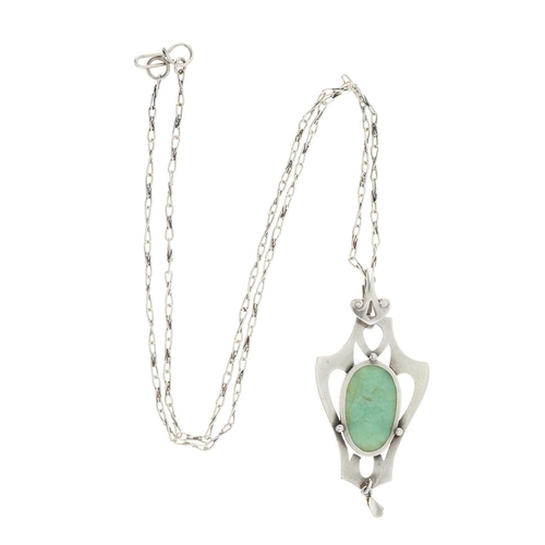 144 - A Jugendstil silver aventurine quartz cabochon pendant, circa 1900, with pearl drop, suspended from ... 