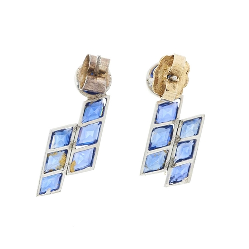 151 - A pair of mid 20th century calibre-cut sapphire earrings, with sapphire cabochon surmount, length 2.... 