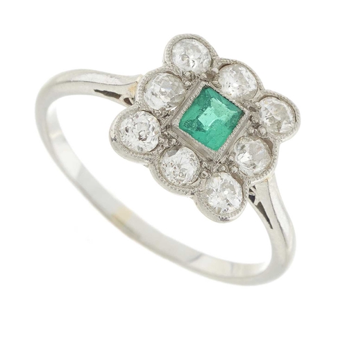 155 - A mid 20th century emerald and old-cut diamond cluster ring, estimated total diamond weight 0.60ct, ... 