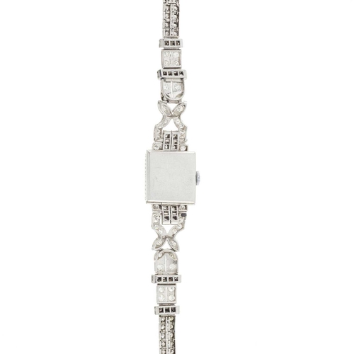 157 - An Art Deco platinum single-cut diamond cocktail bracelet watch, manual wind movement signed Glycine... 